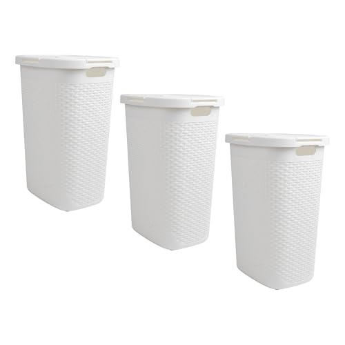 Mind Reader Slim Laundry Hamper with Lid, 60L Tall Clothes Baskets, Narrow Tapered Design for Bathrooms Closets and Laundry Rooms, Plastic, 3 Pack, White - color: White
