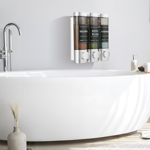 Shampoo and Conditioner Dispenser Shower Dispenser 3 Chamber No Drill Shampoo Dispenser for Shower Wall Mounted Shower Dispenser Body Wash for Bathroom Hotel Large Capacity,Silver - color: Clear Sliver