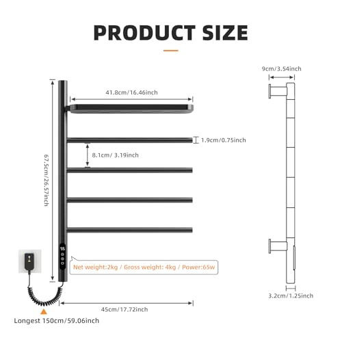 Swivel Heated Towel Rack, Wall Mounted Electric Towel Warmer Rack for Bathroom, 4 Round Bars Swivelable Towel Dryer with Tray, Towel Heater with Built-in Timer, for bathroom, Salons & Spas (G64 Black)