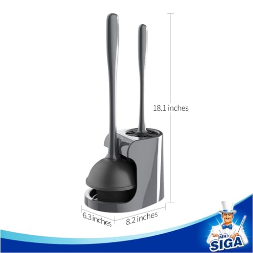 MR.SIGA Toilet Plunger and Bowl Brush Combo for Bathroom Cleaning, Gray | Heavy duty toilet brush and plunger set, toilet bowl brush and plunger with holder - color: Gray