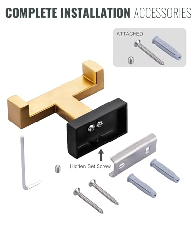 Double Bathroom Towel Hook - Modern Gold & Black Tower Holder - Heavy Duty Robe Hooks for Wall - Stainless Steel Shower Towel Hanger - color: Gold & Black