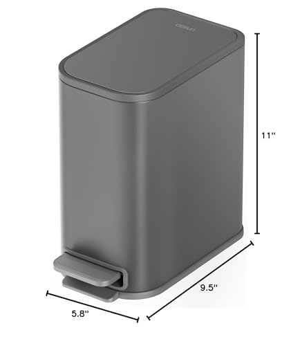 Cesun Small Bathroom Trash Can with Lid Soft Close & Pedal, 1.3 Gal, Gray | Removable Inner Bucket, Slim Stainless Steel Garbage Can for Bedroom/Office, Included 5 Trash Bags, Hidden Bag, Built to Last - color: Gray