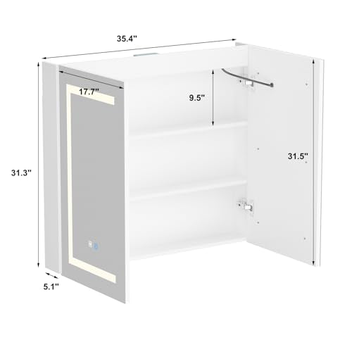 MOUMON Medicine Cabinet with LED Lighted Mirror, Anti-Fog, Wall-Mounted Bathroom Cabinet with Storage Shelves, Adjustable Lights, 2 Doors, White, 5.1”D x 35.4”W x 31.5”H