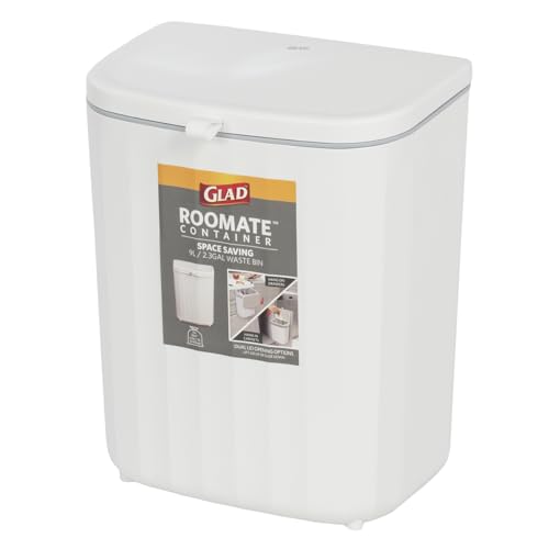 Glad Roomate Under Counter Waste Bin | Space Saving Small Trash Can for Kitchen Cabinet, Bathroom or Office | Dual Lid for Ease of Opening, 9 Liter, White - color: 9 Liter White Plastic