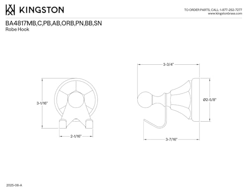 Kingston BA4817BB Metropolitan Robe Hook, Brushed Brass - color: Brushed Brass