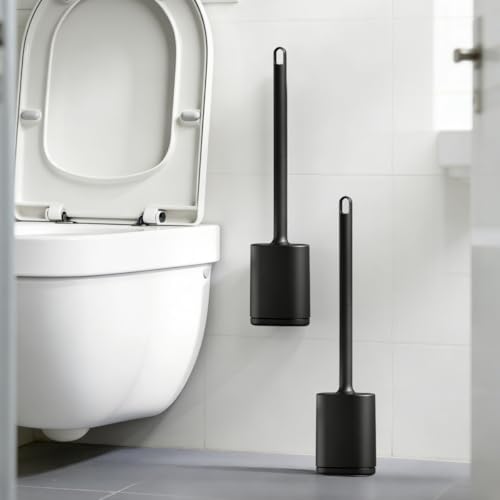 Silicone Toilet Brush and Holder Set, Flexible Toilet Bowl Brush Head with Silicone, Long Handle, Wall Mounted with Removable Anti-Leakage Base, Soft Bristles for Bathroom Deep Cleaning (Black) - color: Black