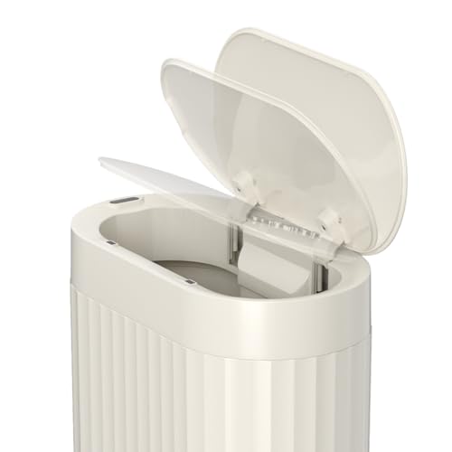 MRBIN Small Trash Can for Bathroom, Automatic Touch Less Garbage Bin with Lid, 2 Gallon Plastic Slim Waste Basket for Office and Kitchen, Electric Motion Sensor Bedroom Bin, Cream White - color: White, style: Acrylonitrile Butadiene Styrene