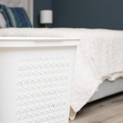 Mind Reader Slim Tapered Laundry Hamper with Lid, Clothes Basket with Swiss Cross Cut-Outs, Lightweight & Ventilated, Plastic, 16.75"L x 12.75"W x 23"H, White - color: White