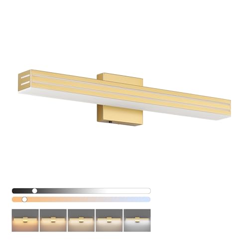 Ralbay 24inch Gold Vanity Light with 5 Color Temperature (2700K-6000K) Dimmable Acrylic Metal 24W LED Modern Matte Gold Bathroom Vanity Light Bar - color: Gold, size: 24 inch