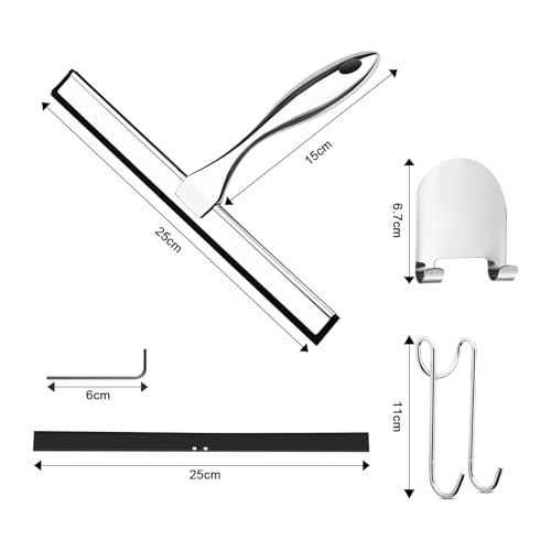 Shower Squeegee, 10 Inch Squeegee Shower Stainless Steel Window Squeegee for Glass Door Shower with Holder