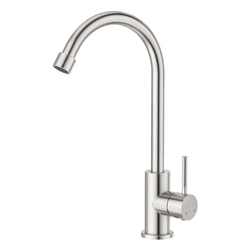 CREA Brushed Faucet for Kitchen Bar Outdoor Sink 1 Hole 3Holes(with Deck Plate),High Arc 360°Swivle Single Handle Tap Brushed 304 Stainless Steel - color: Brushed, style: Mixed water pipe