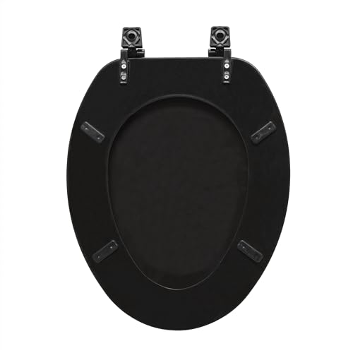 PowerSellerUSA Wood Elongated Toilet Seat, Adjustable Hinges Toilet Seats with Non Slip Grip Tight Bumpers, Oval Shape Heavy Duty Wooden Bathroom Toilet Seat Close Lid Set, Black - color: Black - Wood, size: 19" Elongated