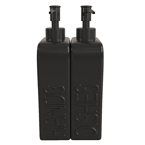 Soap Dispenser Set with Stainless Steel Pump, 2 Pack Ceramic Refillable Dish Soap and Hand Soap Dispenser for Kitchen, Bathroom, Matte Black - color: Black