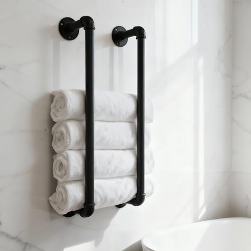 Industrial Pipe Towel Rack for Bathroom Wall Mounted,Towel Holder Black | 24 Inch,Made of Galvanized Steel,Easy To Install,Hold Up To 6 Regular Size Bath Towels,For Farmhouse Bathrooms Laundry Rooms - size: 24 Inch