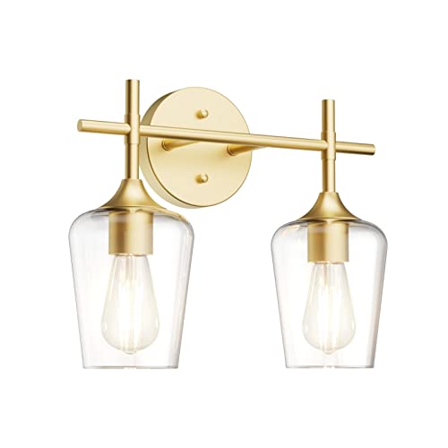 Ralbay Gold Bathroom Light Fixtures 2-Lights with Clear Glass Modern Wall Mount Lighting Industrial Farmhouse Gold Bathroom Vanity Lights Wall Sconce - color: Gold, size: 2-Light