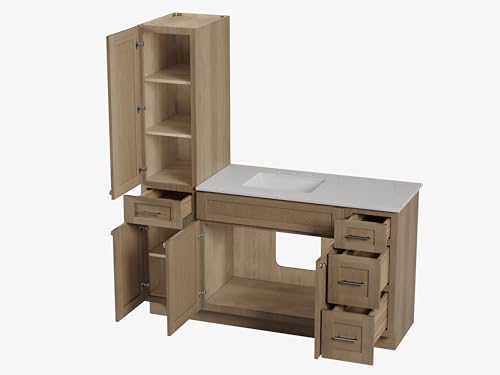 63" Bathroom Vanity with Linen Storage Tower and 4 Drawers, Carrara Quartz Top and Ceramic Sink, Left or Right Tower Option, Solid Wood Frame, 64" x 22" x 72" (Natural Oak, Left Tall Cabinet) - color: Natural Oak