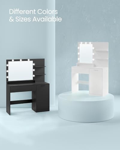 VASAGLE KAILYN Collection - Vanity Desk with Mirror and Lights, 35.4-Inch Wide Makeup Vanity with Stool, Power Outlets, LED Lights, Storage Drawer, for Bedroom, Modern, Cloud White URDT128WB01S - style: 35.4"W 1 Drawer 1 Cabine Vanity Desk - Cloud White