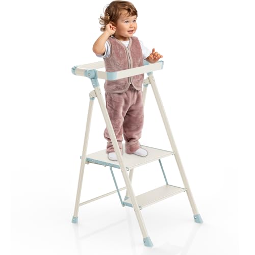 Foldable Toddler Tower, 2-Step Kids Step Stool with Safety Rail, Compact Folding Toddler Standing Stool for Kitchen, Bathroom and Home, Step Ladder for Toddlers and Adults - color: Sea Salt Blue