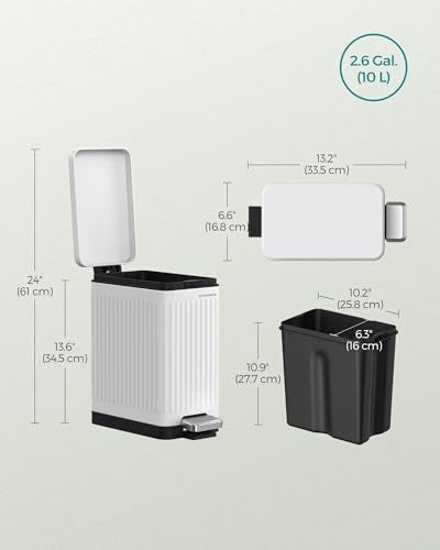 SONGMICS Bathroom Trash Can, 2.6-Gallon (10 L) Trash Bin with Lid, Slim for Small Spaces, Stainless Steel Garbage Can, Soft Close, White ULTB562W01 - color: White, style: 2.6 Gal. & fluted design