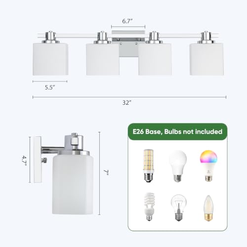 32 Inch Chrome Bathroom Light Fixtures Over Mirror 4 Light Bathroom Vanity Light Silver Modern Industrial Makeup Lighting Wall Sconce Shower Farmhouse Rustic Milk Glass Lamp Above Desk Sink - color: Polished Chrome, size: 32 Inches