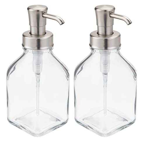 mDesign Square Glass Refillable Liquid Soap Dispenser Pump Bottle for Bathroom Vanity Countertop, Kitchen Sink - Holds Hand Soap, Dish Soap, Hand Sanitizer, Essential Oils - 2 Pack - Clear/Brushed - color: Clear/Brushed