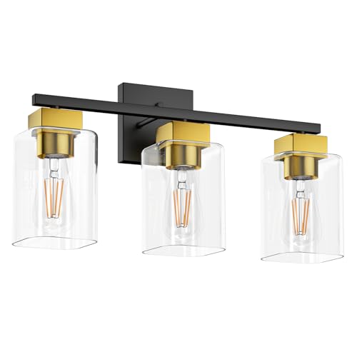 Black and Brushed Gold Bathroom Vanity Light, 3-Light Vanity Lighting fixtures Over Mirror, Square Design & UL Certification, Wall Sconces with Clear Glass Shades, E26 Socket (Bulbs Not Included) - color: Black and Brushed Gold, size: 3 Light