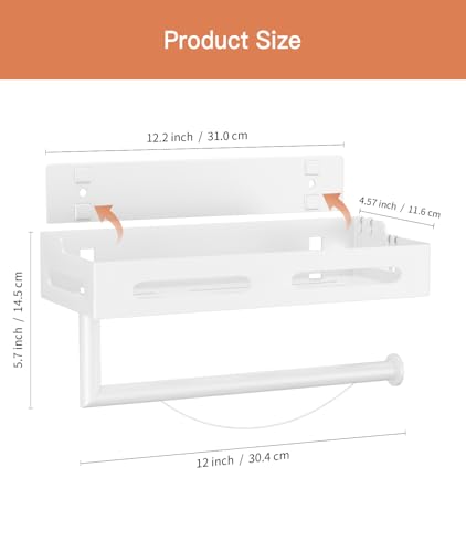Paper Towel Holder Wall Mount with Shelf, Easy One Hand Tear, Adhesive Glue or Drill Mount Hanging Paper Towel Holder with Shelf for Kitchen/Bathroom/RV, White Metal, 4 Hooks - color: White
