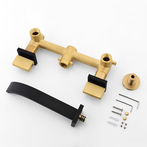 SUMERAIN Wall Mounted Faucet for Bathroom Sink Black and Gold Finish, Lavatory Basin Faucet with Two Handles and Rough in Valve - color: Black and Gold