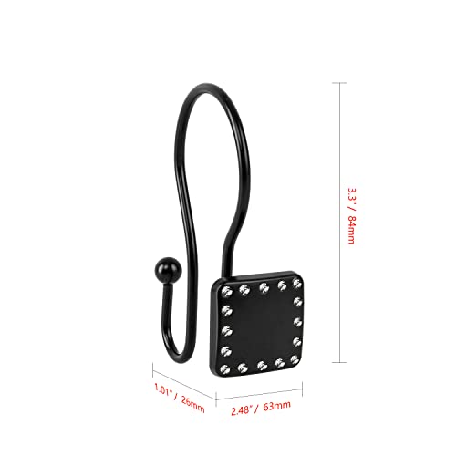 Shower Hooks - Double Shower Curtain Rings for Bathroom - Rust Resistant Shower Curtain Hooks for Shower Curtain or Liner - Shower Curtain Rings with Crystal Design - Set of 12, Matte Black - color: Black
