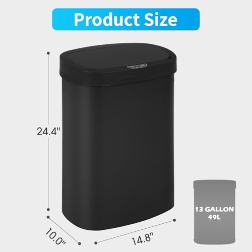 BestOffice | 13 Gallon Plastic Trash Can with Lid | Black | Automatic Touchless Garbage Can | Quite Close | Waterproof & Easy to Clean | For Kitchen, Bathroom, Home or Office
