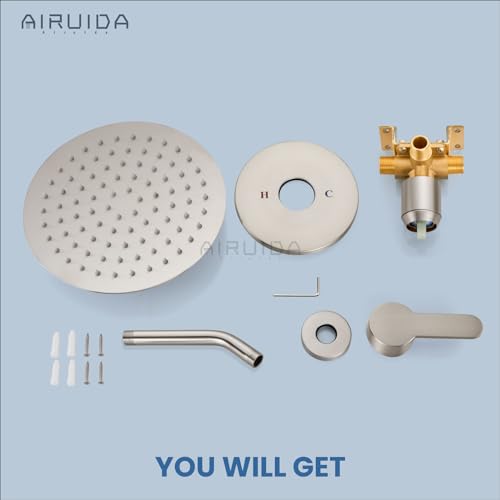 Airuida Shower Faucet Set,8 Inch Brushed Nickel Shower Trim Kit | Round Rainfall Shower Head,Single Handle,Male Threads Rough-in Valve,Wall Mount Bathroom System - color: Nickel, size: 8 Inch