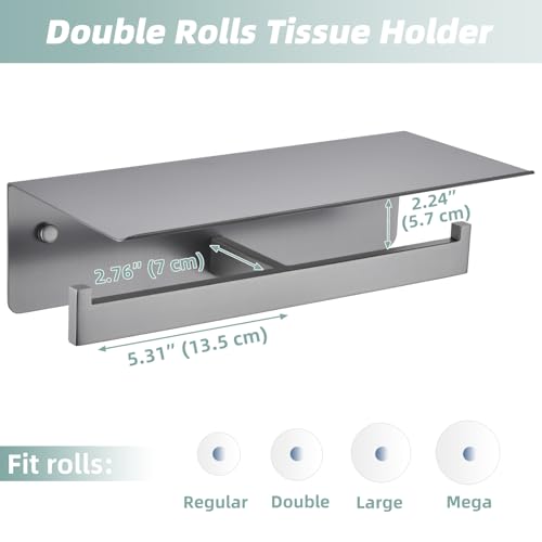 Gunmetal Gray Double Toilet Paper Holder with Shelf, 304 Stainless Steel Bathroom Tissue Roll Holder, Wall Mounted Paper Dispenser for Bathroom Kitchen, Fits Mega Rolls - color: Gun Gray, size: Double Rod