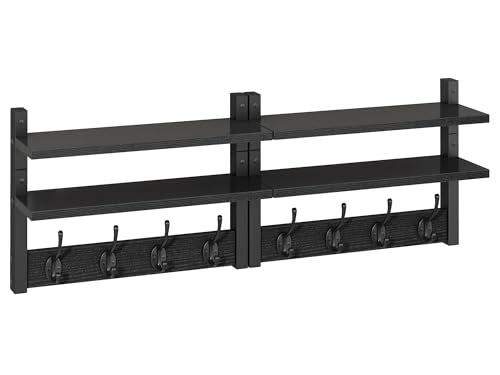 YMYNY Double Shelf Coat Rack Wall Mount with 8 Hooks, Black HWS009B-2 | Wooden Coat Hanger Key Holder Wall Mount for Coats Hats Keys - Wood Wall Mounted Coat Rack with Shelf for Entryway & Bathroom - color: Black