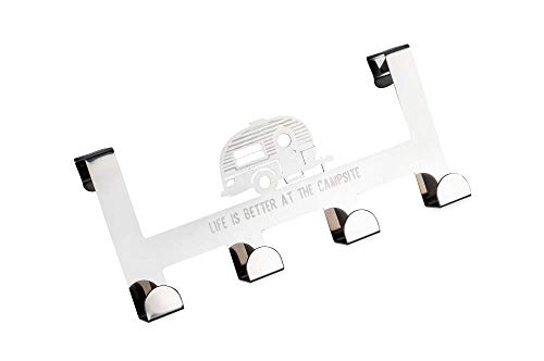 Camco Life is Better at The Campsite Over The Door Hooks & Towel Hanger - Convenient to Use and Fits Up to 1-1/2-Inch Thick Standard Interior Doors (53388) | 4 stainless steel hooks, fits interior doors up to 1.5 in thick, no drilling, retro RV design, pa
