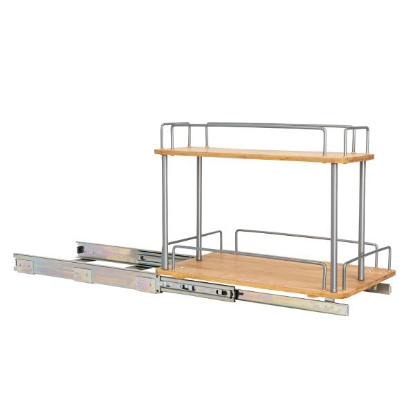 Steel and Bamboo 2-Tier Pull-Out Storage Organizer - Slide-Out Under-Sink Cabinet Drawer, 18” D x 11.5” W x 15.25” H, 33 lbs Weight Capacity, 1-Pack