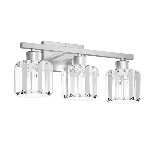 comzler 3-Light Bathroom Light Fixtures Over Mirror, Brushed Nickel Crystal Wall Sconce with E26 Base for Mirror Kitchen Living Room Bathroom, Round Crystal Shades (Bulbs Excluded) - size: Round