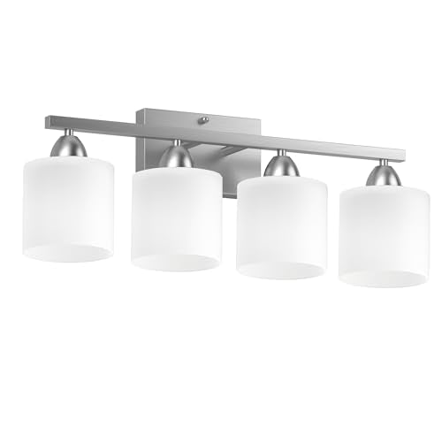 Bathroom Lighting Fixtures Over Mirror, Anti-Rust Vanity Light Fixture for Bathroom, Modern 4-Light Wall Sconce Light for Living Room, E26 Base, Milky White Glass Shades, Bulbs Not Included - color: Brushed Nickel-4Light
