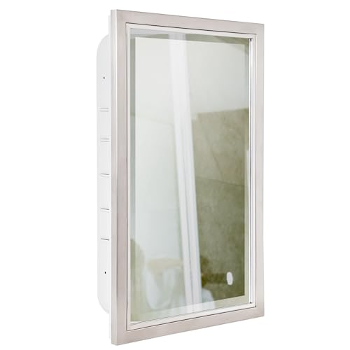 Head West Brushed Nickel with Chrome Recessed Medicine Cabinet Mirror 16"x26"- Stainless Steel Bathroom Mirror with Storage, Beveled Edge, and Adjustable Shelves - Small Medicine Cabinets for Bathroom