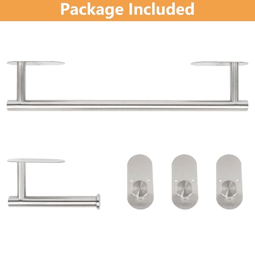 TocTen 5 Pieces Wall Mounted or Self Adhesive Towel Bar Set, Stainless Steel Bathroom Hardware Set Include 16″ Towel Rack, Toilet Paper Holder, 3 Towel Hook, Sticky Bathroom Accessory Kit (Silver)