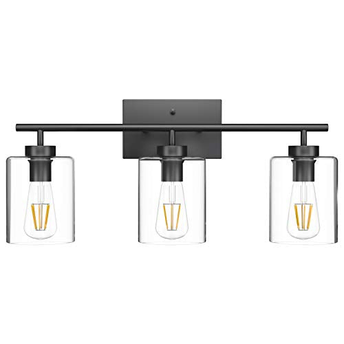 Aipsun 3 Lights Black Vanity Light Fixtures Over Mirror with Clear Glass Shades Industrial Wall Light Fixture for Bathroom(Exclude Bulb) - size: 24.4 inch