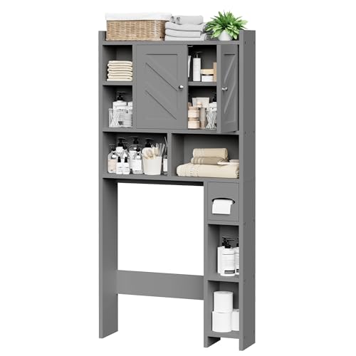 Over the Toilet Storage Cabinet, Freestanding Farmhouse Storage Cabinet Over Toilet, Bathroom Organizer with Paper Holder Stand and Adjustable Shelf, Grey - color: Light Grey