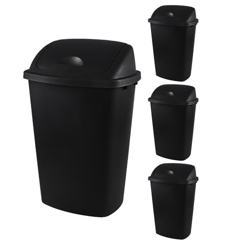 13 Gallon Swing-Top Trash Can, 4-Pack | Black Waste Basket Set, Commercial Garbage Bin for Kitchen, Garage, Outdoor, School, Fits 13 Gal Liners - size: 13 Gallon