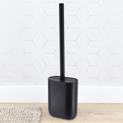 Oval Toilet Brush & Holder Set, Steel Handle, Japandi Decor, Compact, Black | Polyresin, Toilet cleaning, Daily hygiene, Guest bathroom, Small spaces, Hygienic Discreet Holder, Easy to Clean - color: Black