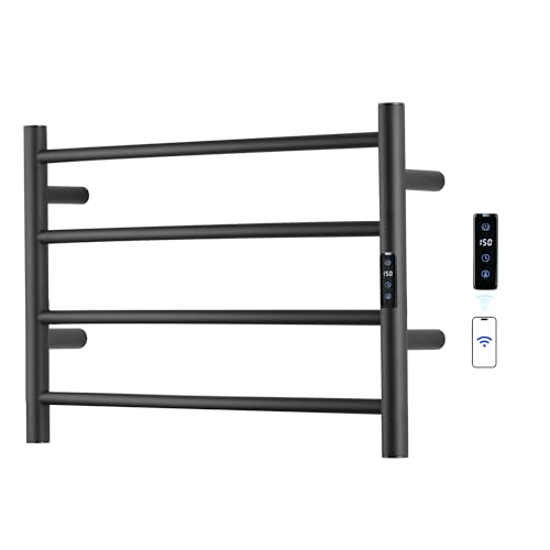 Electric Towel Rack with Voice Control for Alexa & Google Home,TUYA - Wall-Mounted Bathroom Heating Towel Warmer,Plug-in,Stainless Steel Material,16.54x23.62x5.51 in,Black,4 Bars - color: Black With Wifi, size: 4 Bar