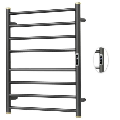 Electric Towel Warmer Rack,Heating Towel Warmer,Timer & Temperature Control,Wall-Mounted Plug-in for Bathroom,Gunmetal Grey,Stainless Steel,8-Bar(27.56x20.87x4.41in) - color: Round-matte Gungrey With Gold Top, size: 8 Bars