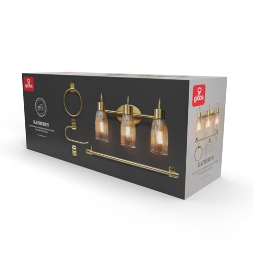 Globe Electric 5-Piece All-in-One Matte Brass Bathroom Accessory Set with 19" 3-Light Vanity Light and Ribbed Glass Shades - color: Black, Ribbed Shades
