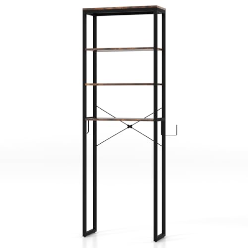 LOKO Bathroom Over The Toilet Storage Rack, 4-Tier Industrial Organizer Shelf with Toilet Paper Holder & Hook, Multifunctional Freestanding Space Saver Plant Stand for Laundry Balcony, Rustic Brown
