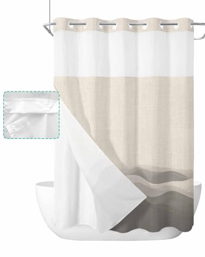 No Hook Shower Curtain and Snap in Liner Set, Grey Beige Ombre Long Bathroom Shower Curtains 72x84 Inch, See Through Mesh Top Window, Minimalist Ocean Waves Linen Hotel Style, Washable Waterproof - size: 72"W x 84"L (Pack of 1)