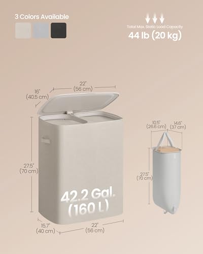 SONGMICS Laundry Basket with Lid, 42.2 Gallons, 2-Compartment Laundry Hamper with Handle, Removable Liner, Easy Assembly, 22 x 15.7 x 27.5 Inches, Cappuccino Beige ULCB822L101 - color: Cappuccino Beige
