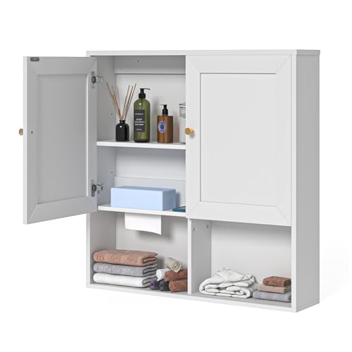 Bathroom Wall Cabinet, Medicine Cabinet with 2 Door and Adjustable Shelves,3-Tier Wood Hanging Storage Over The Toilet,White Wall Mounted Cabinet for Bathroom, Kitchen,Laundry Room